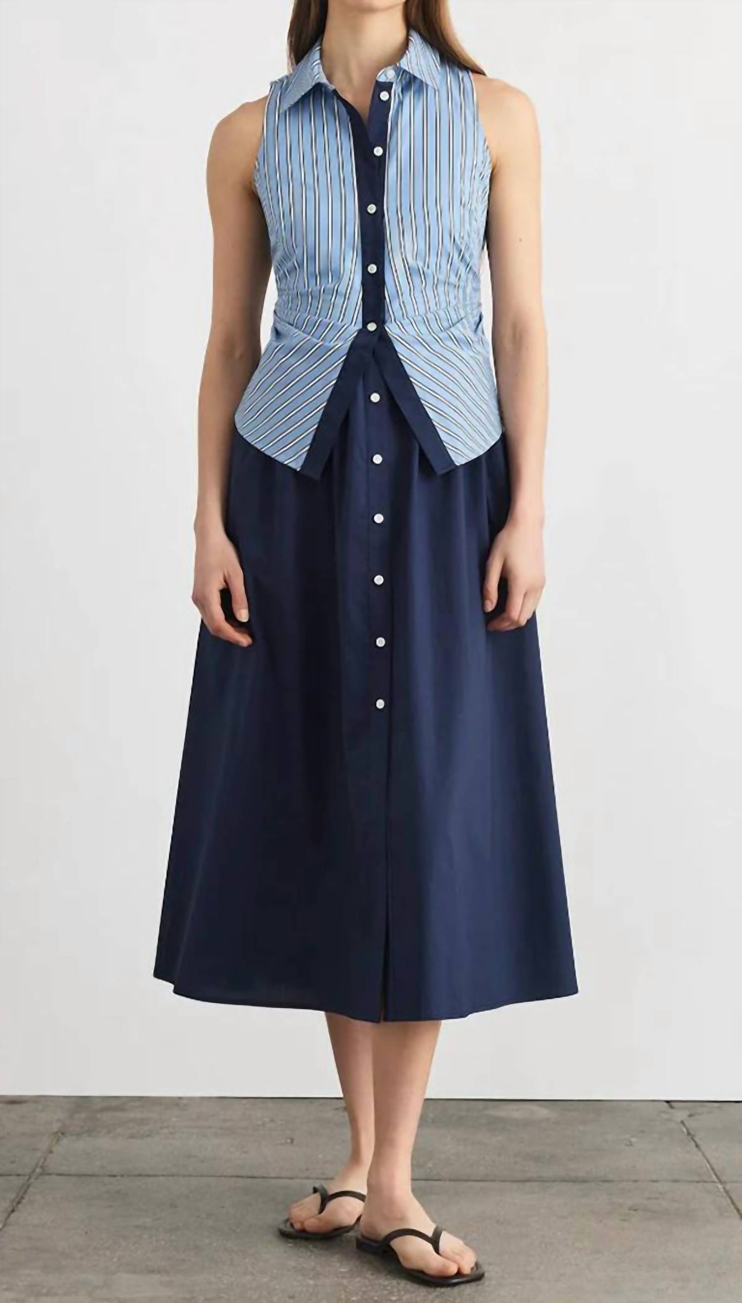 New Tanya Taylor Hannah Midi Dress In Cloudy Blue/Optic White